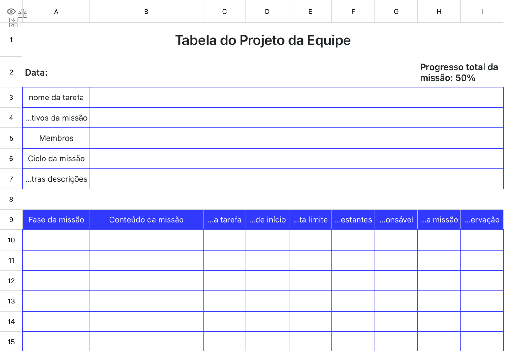 Tabela do Projeto da Equipe
